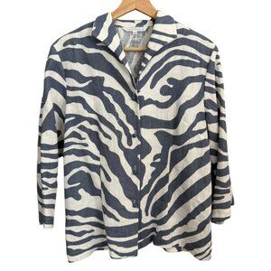 Connie‎ Roberson Womens Animal Print Linen Blazer Blue XS Artsy